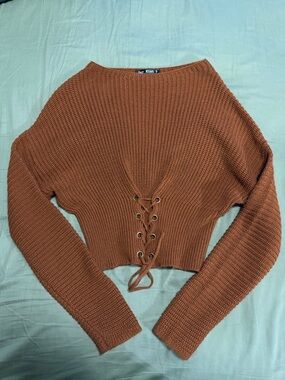 Say What? Rust Lace-Up Cropped Knit Sweater